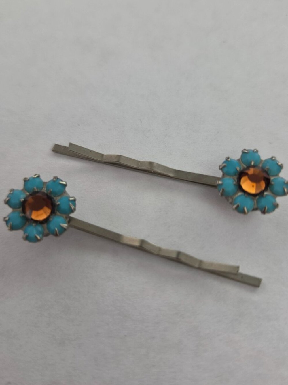Vtg JOOMI JOOLZ Swarovski Crystal Flower Bobby Pins Turq Amber - 1.5" Y2K